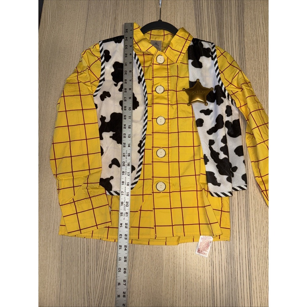 Disney Store Woody Costume Yellow Grid Shirt Cow Print Vest Size Kid - Picture 6 of 7